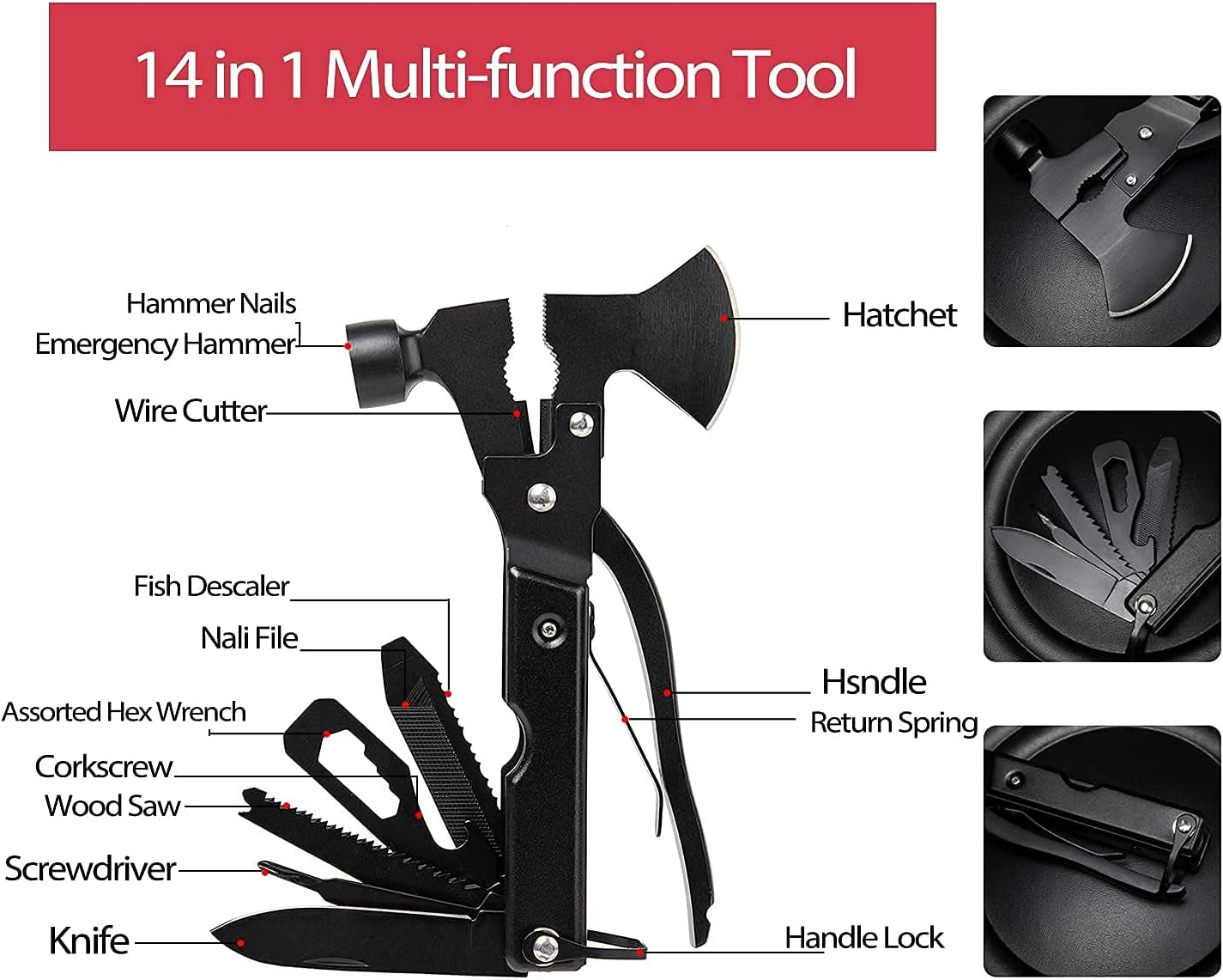 14-in-1 Multitool Camping Gear: Outdoor Hatchet, Axe, Hammer, Saw, Pliers & Knife