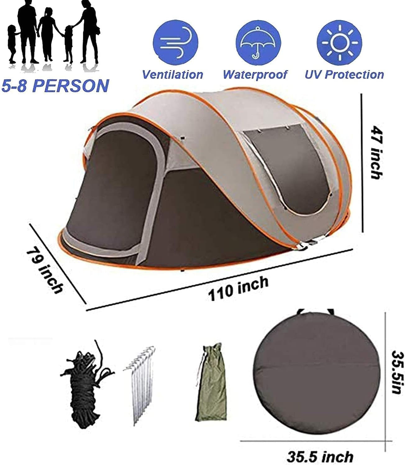 Easy Pop-Up Tent for 4-8 People: Waterproof Instant Family Tent with 2 Doors for Camping, Hiking, and Travel