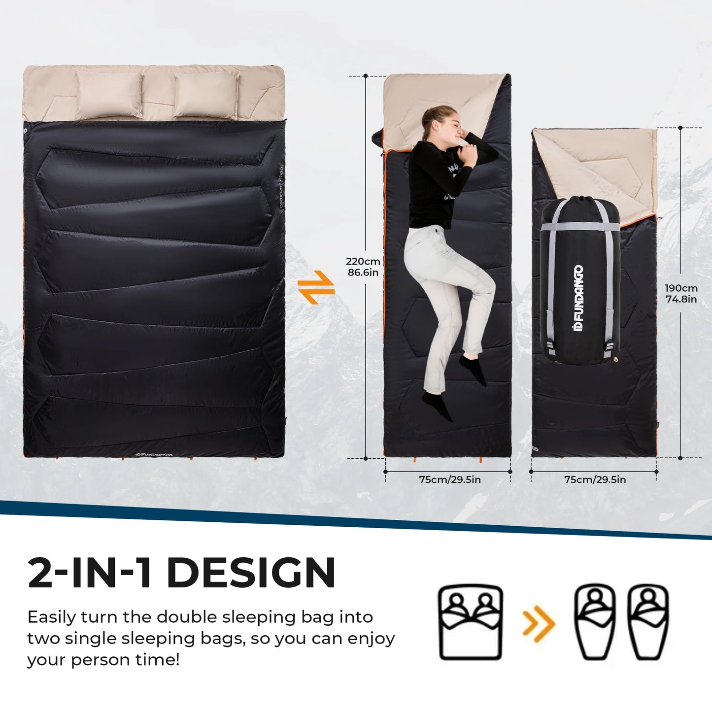 3-In-1 Double Sleeping Bags Lightweight Waterproof Queen Size Sleeping Bag with 2 Pillows for Adult , 39.2°F-62.6°F Black