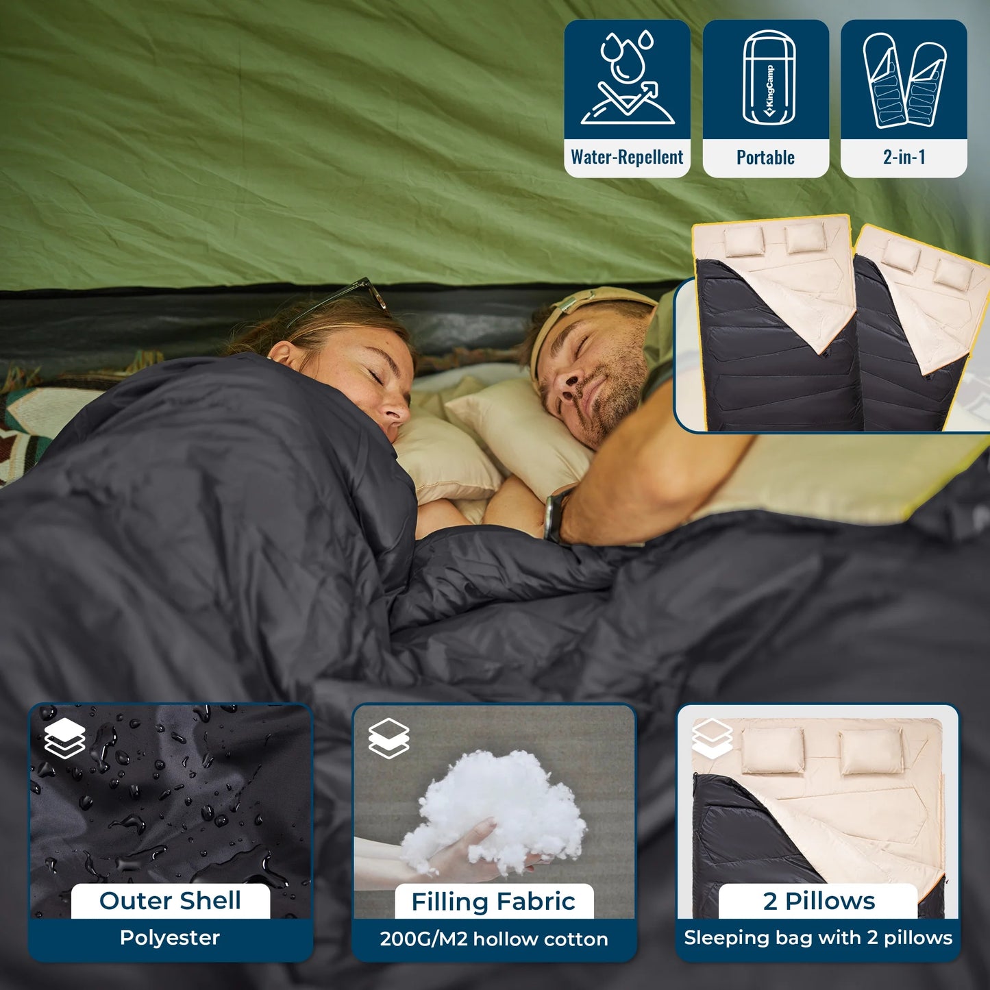 3-In-1 Double Sleeping Bags Lightweight Waterproof Queen Size Sleeping Bag with 2 Pillows for Adult , 39.2°F-62.6°F Black