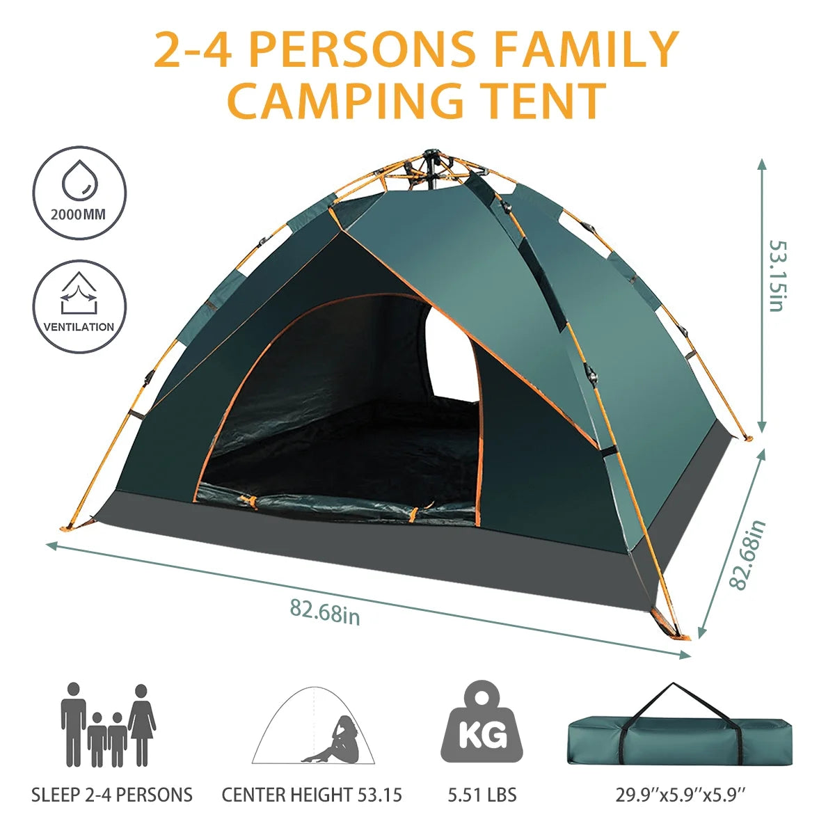 2-4 Person Waterproof Camping Tent with Carrying Bag – Pop-Up Canopy, Instant Family Tent with Windproof Ropes, UV Protection, Ultralight Blackout Design for Beach, Hiking, and Outdoor Camping