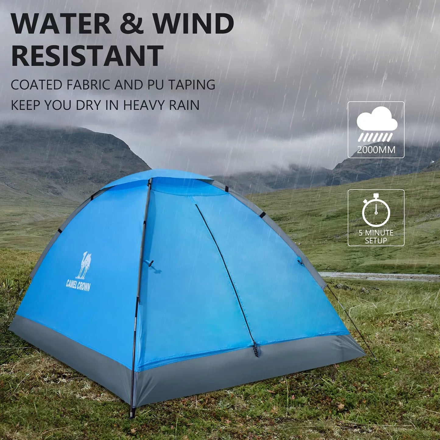 Lightweight 2-Person Camping Tent – Waterproof Dome, Portable Outdoor Emergency Shelter with Easy Setup and Carry Bag (Blue)