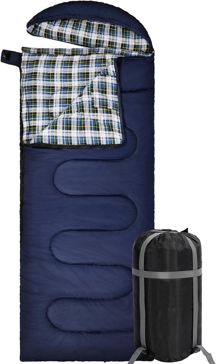 Flannel Sleeping Bag for Adults, Comfortable Cotton Sleeping Bags for Camping with Detachable Hood, Red/Grey/Blue