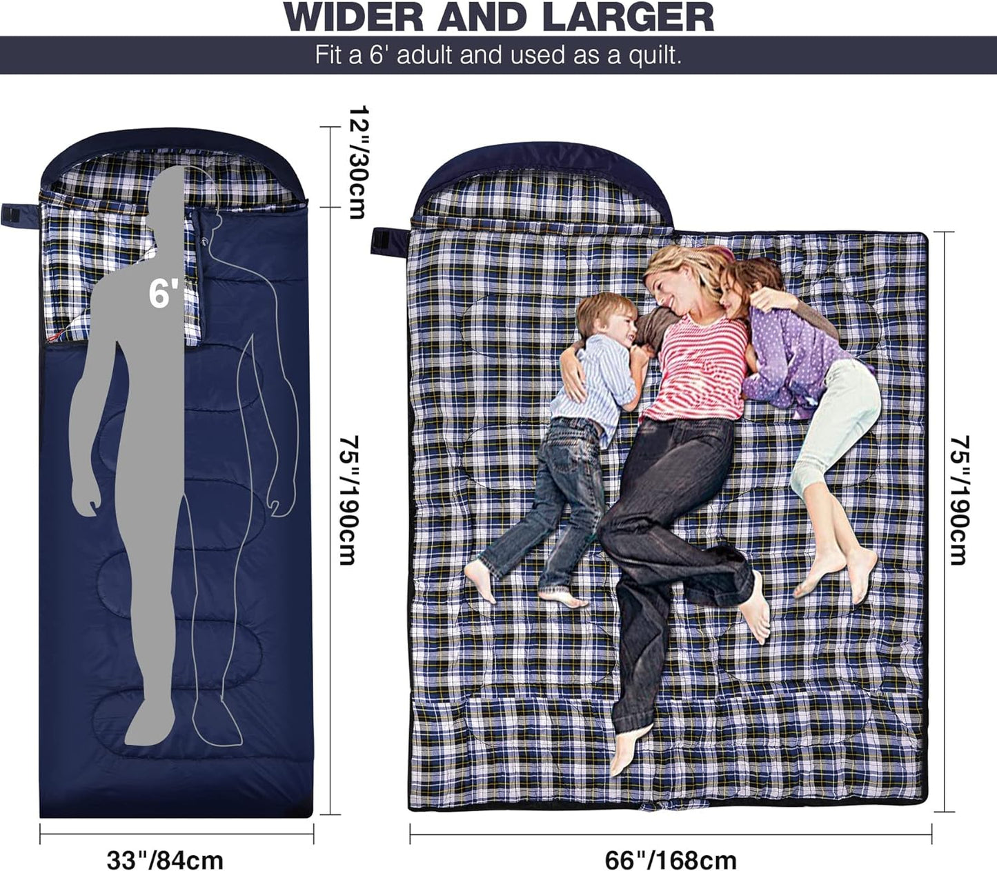 Flannel Sleeping Bag for Adults, Comfortable Cotton Sleeping Bags for Camping with Detachable Hood, Red/Grey/Blue