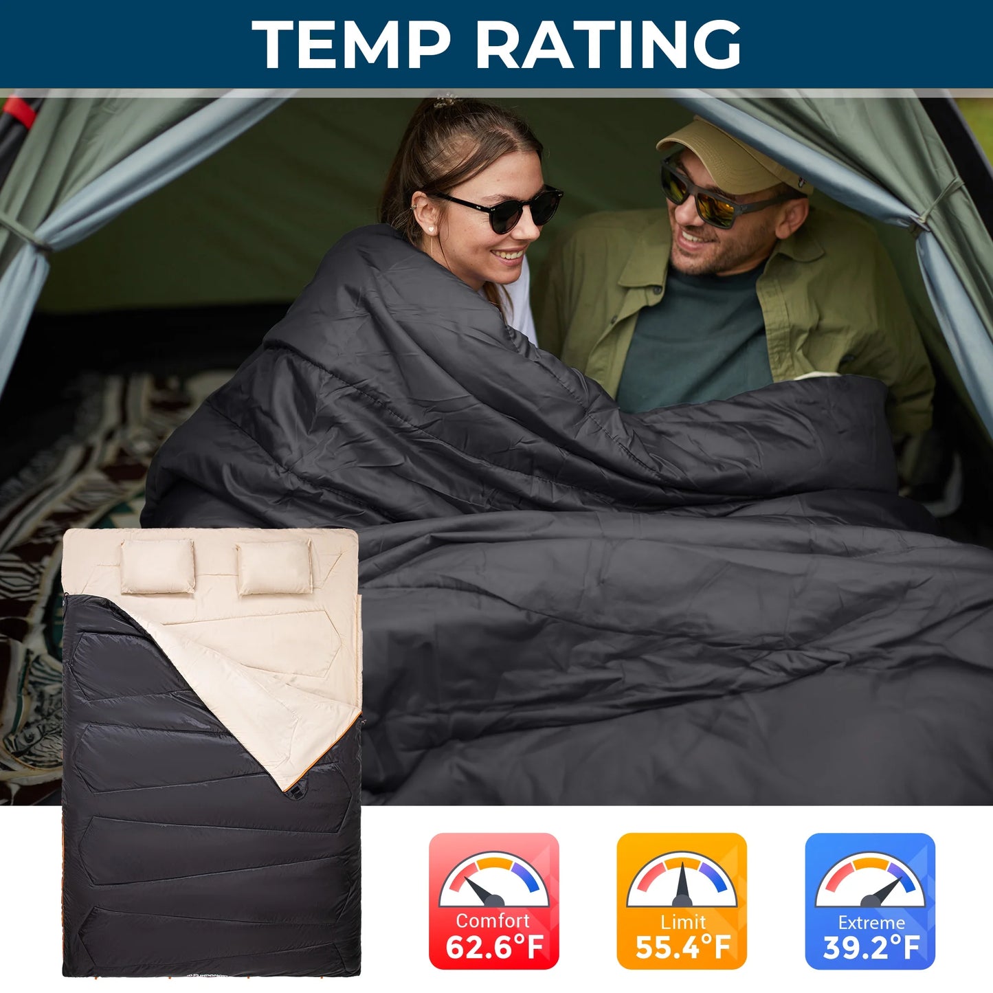 3-In-1 Double Sleeping Bags Lightweight Waterproof Queen Size Sleeping Bag with 2 Pillows for Adult , 39.2°F-62.6°F Black