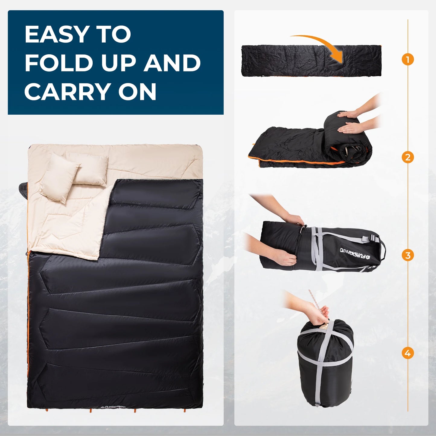 3-In-1 Double Sleeping Bags Lightweight Waterproof Queen Size Sleeping Bag with 2 Pillows for Adult , 39.2°F-62.6°F Black