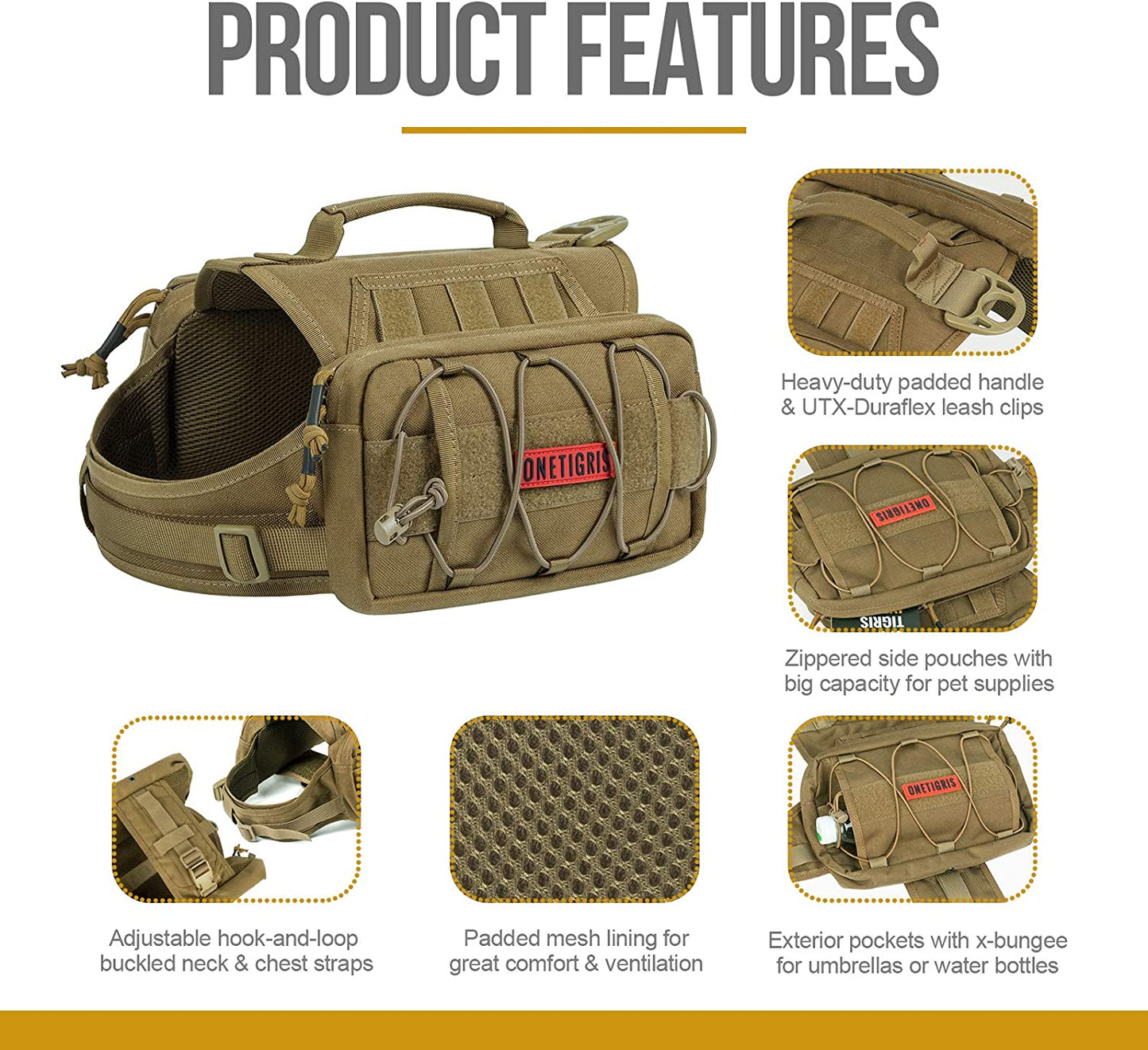 Dog Backpack for Medium & Large Dogs, Nylon Backpack for Dogs Tactical Pet Backpack with Side Pockets for Hiking Walking Training Running