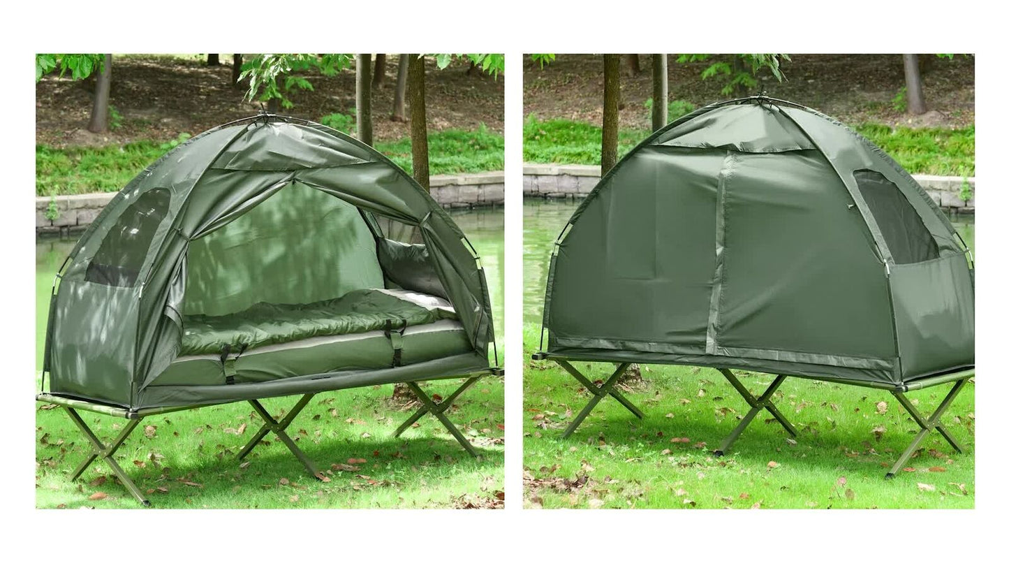 Outdoor 1-Person Folding Tent Elevated Camping Cot W/Air Mattress Sleeping Bag