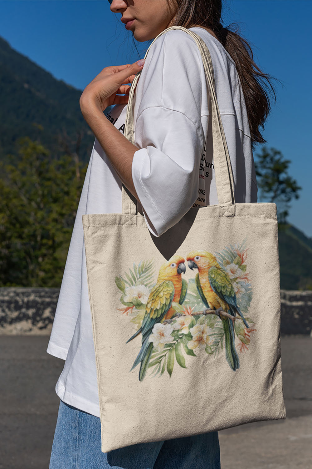 Tropical Birds Yellow - Cotton Canvas Tote Bag