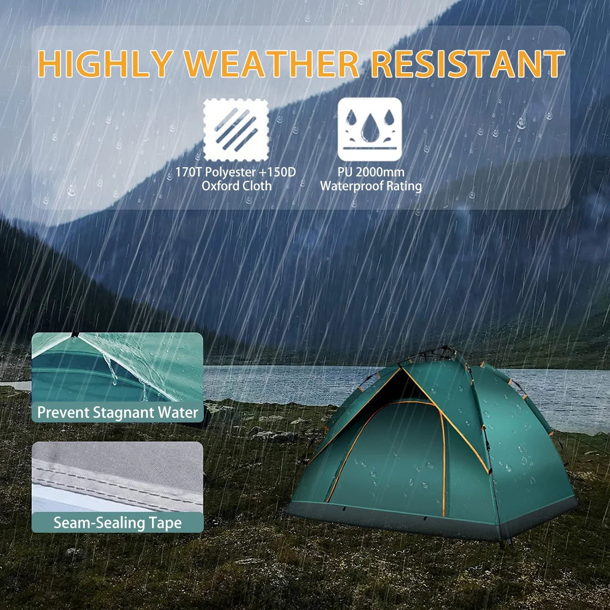 2-4 Person Waterproof Camping Tent with Carrying Bag – Pop-Up Canopy, Instant Family Tent with Windproof Ropes, UV Protection, Ultralight Blackout Design for Beach, Hiking, and Outdoor Camping