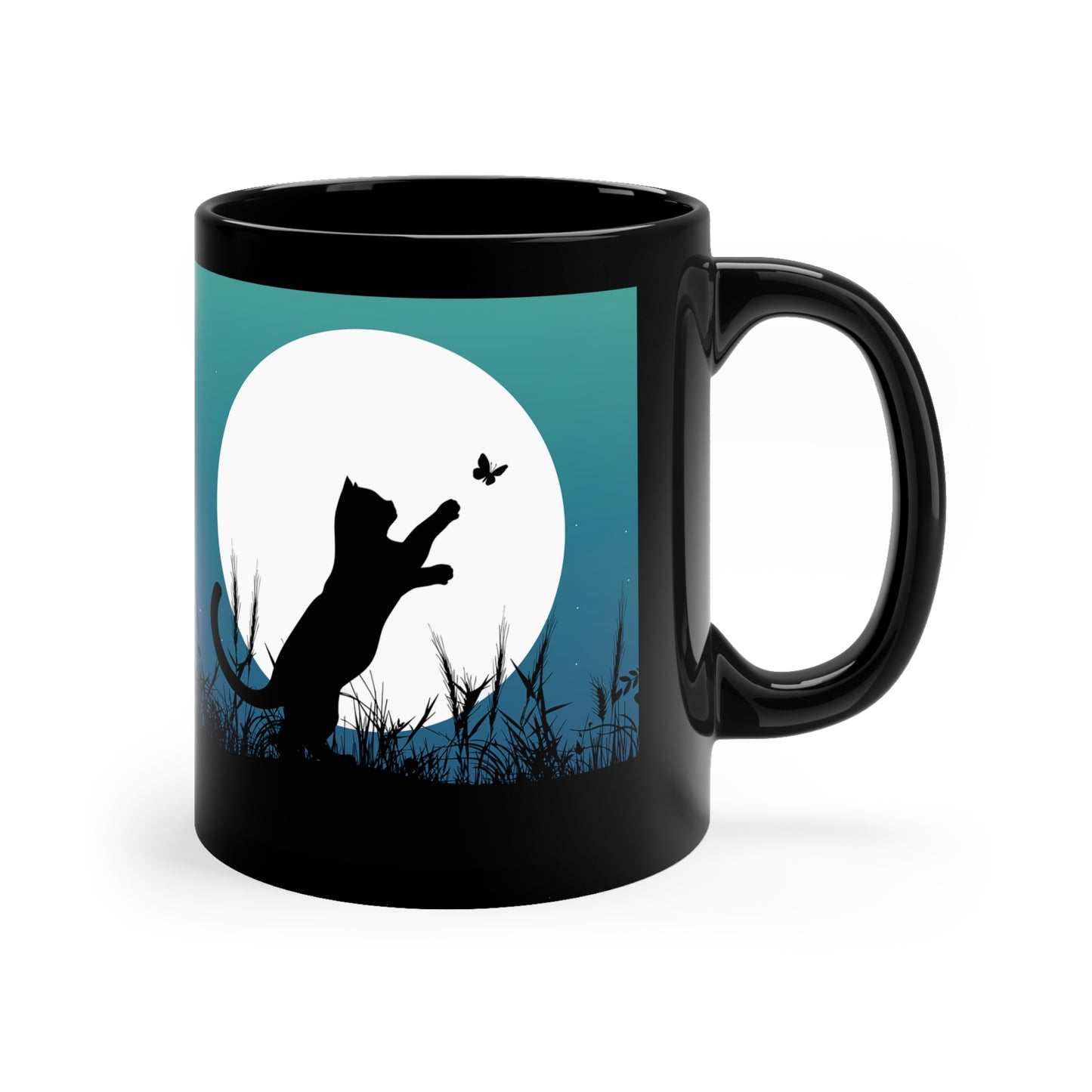 Black Cat Chasing Butterfly - 11oz Black Mug