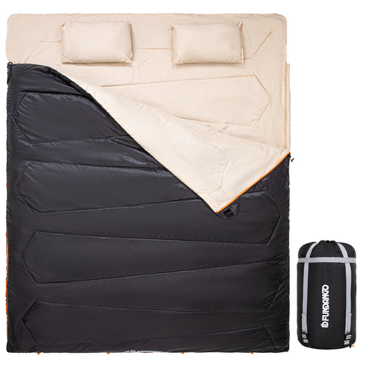 3-In-1 Double Sleeping Bags Lightweight Waterproof Queen Size Sleeping Bag with 2 Pillows for Adult , 39.2°F-62.6°F Black