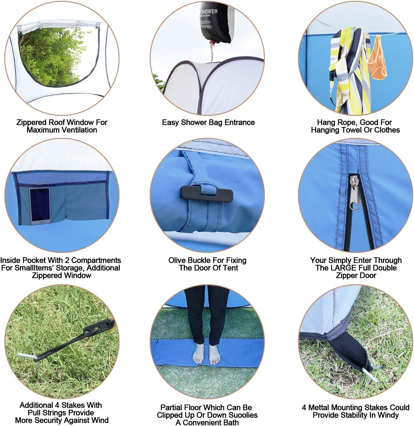 Pop up Shower Tent Dressing Changing Tent Pod Toilet Tent 4' X 4' X 78"(H) Big Size (Blue)