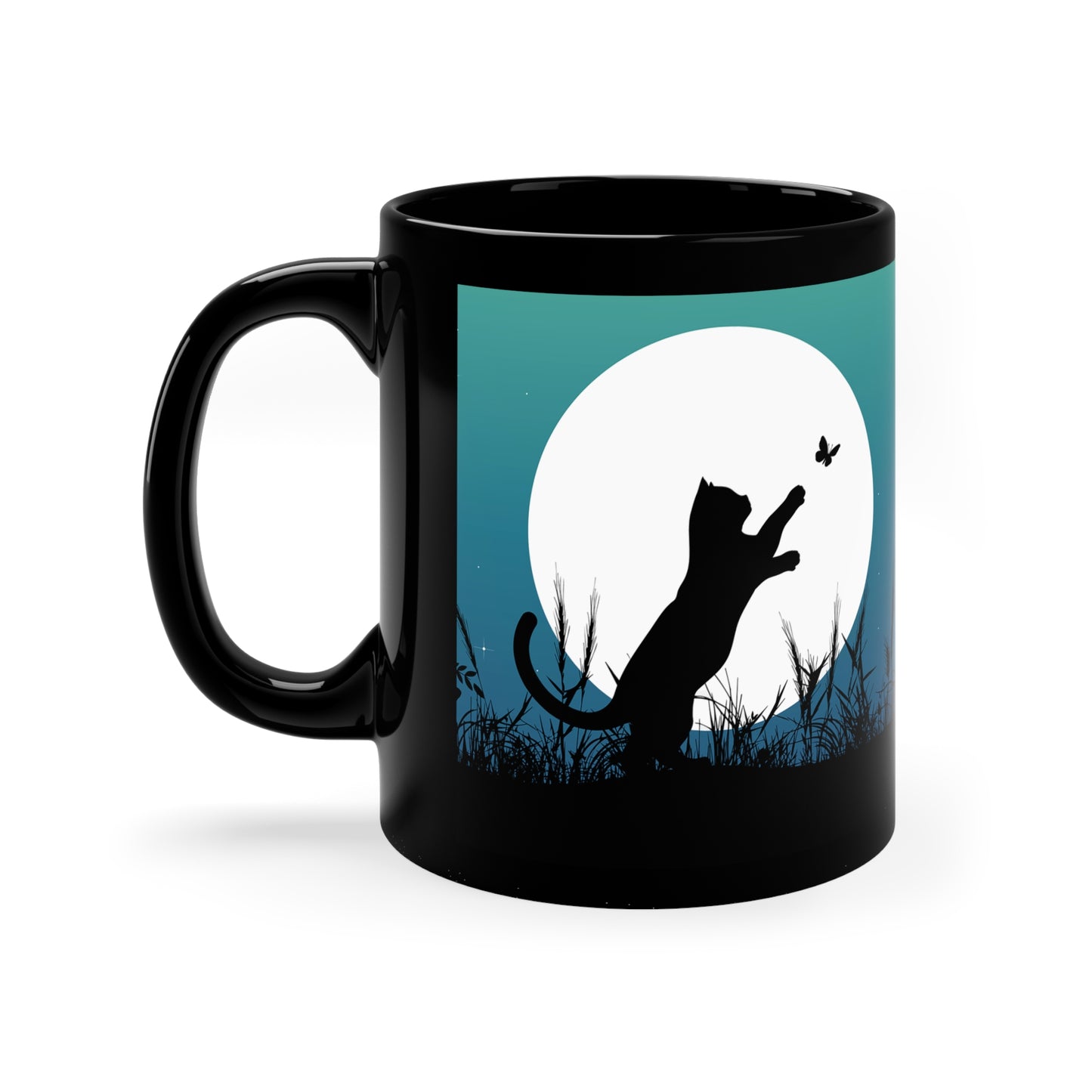 Black Cat Chasing Butterfly - 11oz Black Mug