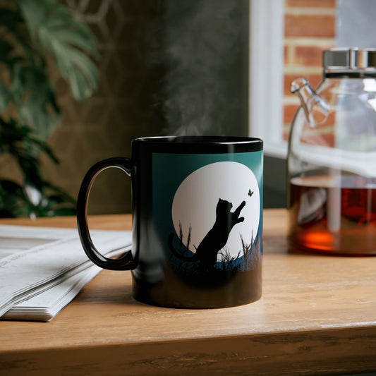 Black Cat Chasing Butterfly - 11oz Black Mug