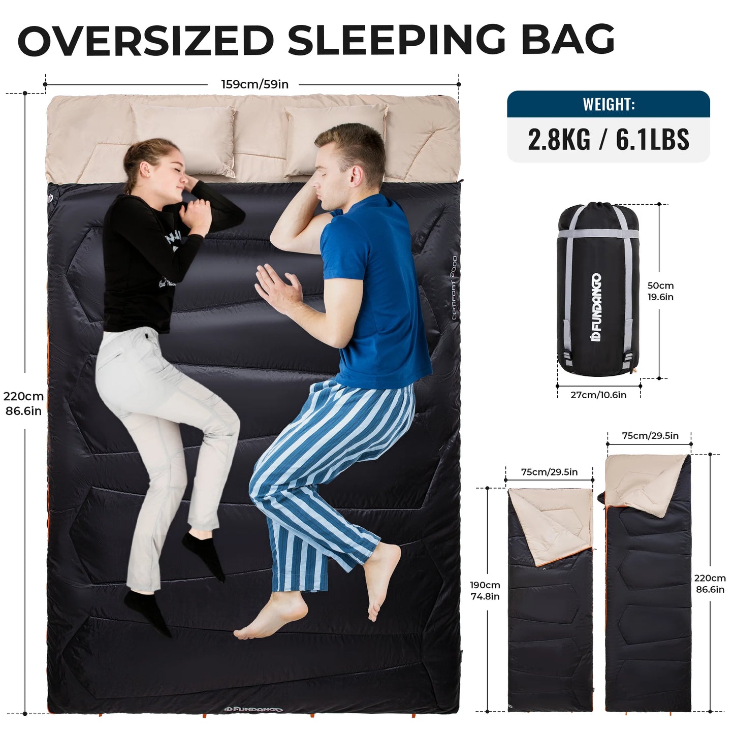 3-In-1 Double Sleeping Bags Lightweight Waterproof Queen Size Sleeping Bag with 2 Pillows for Adult , 39.2°F-62.6°F Black