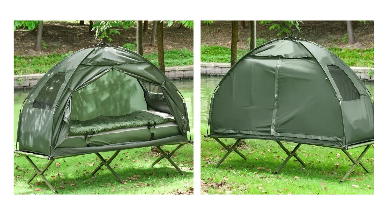 Outdoor 1-Person Folding Tent Elevated Camping Cot W/Air Mattress Sleeping Bag