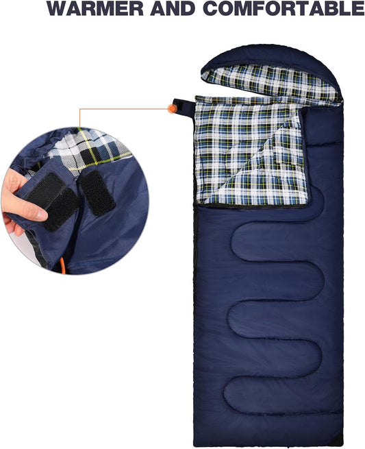 Flannel Sleeping Bag for Adults, Comfortable Cotton Sleeping Bags for Camping with Detachable Hood, Red/Grey/Blue